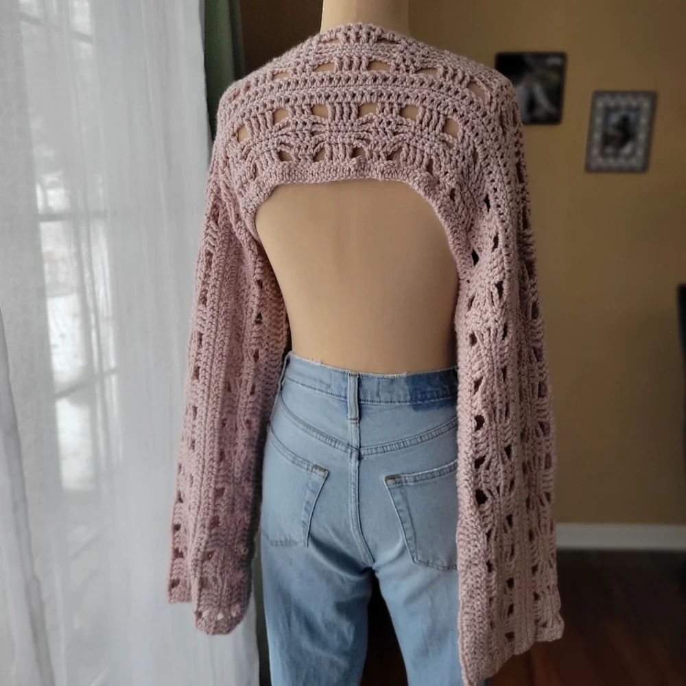 Fairycore Crochet Bell Sleeve Shrug Crop Top Arm Warmer - Mauve Pink - Picture 5 of 6